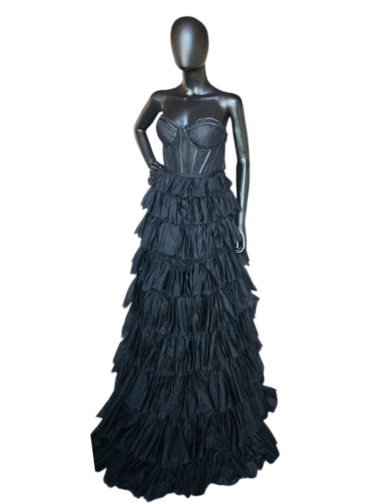 Black A-Line Illusion Corset Tiered Skirt Formal/Prom Dress - Cecilia
