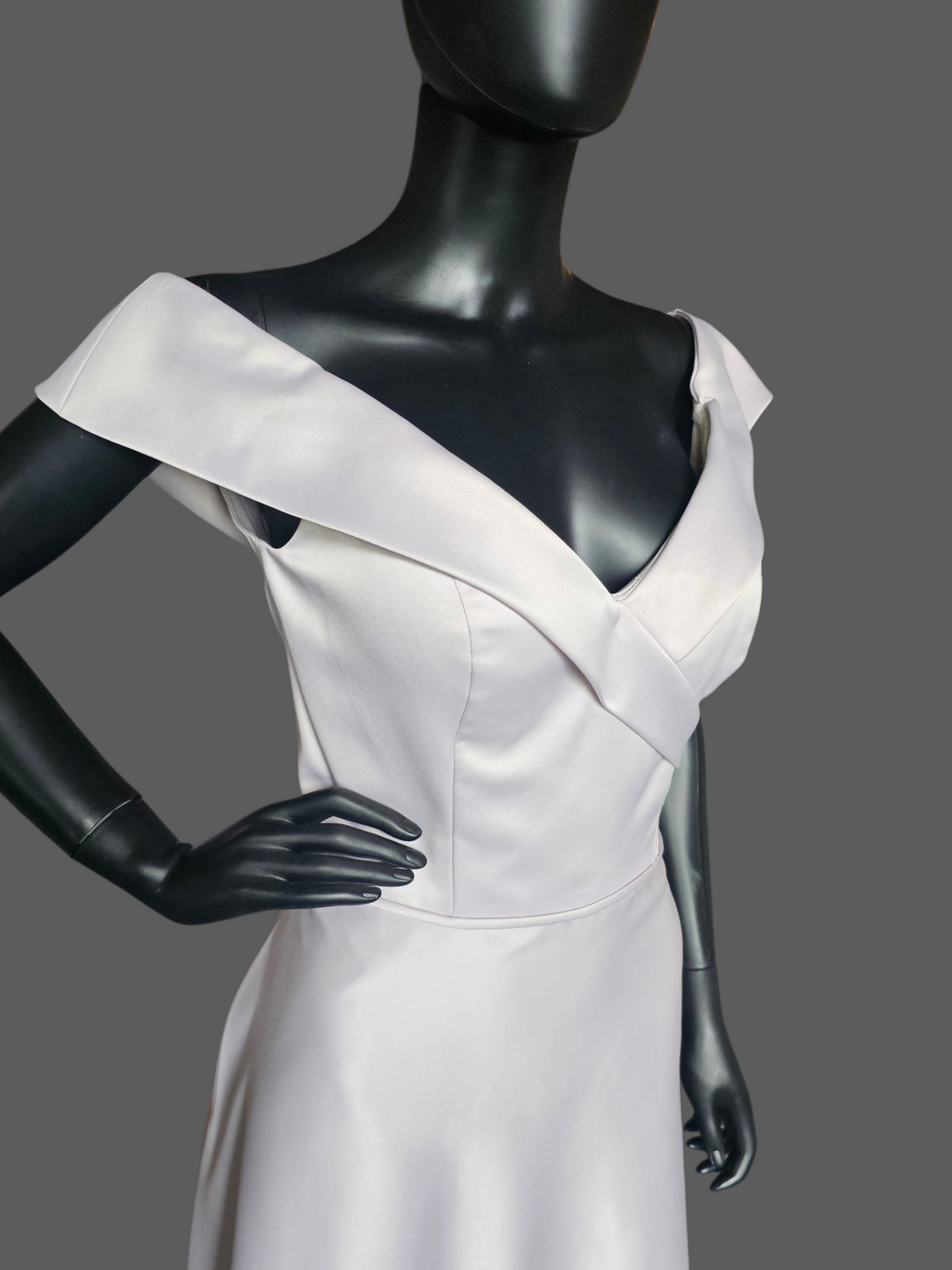 Dew Drop (Silver) Off Shoulder Satin Full Length A-Line Formal Dress - Mori Lee