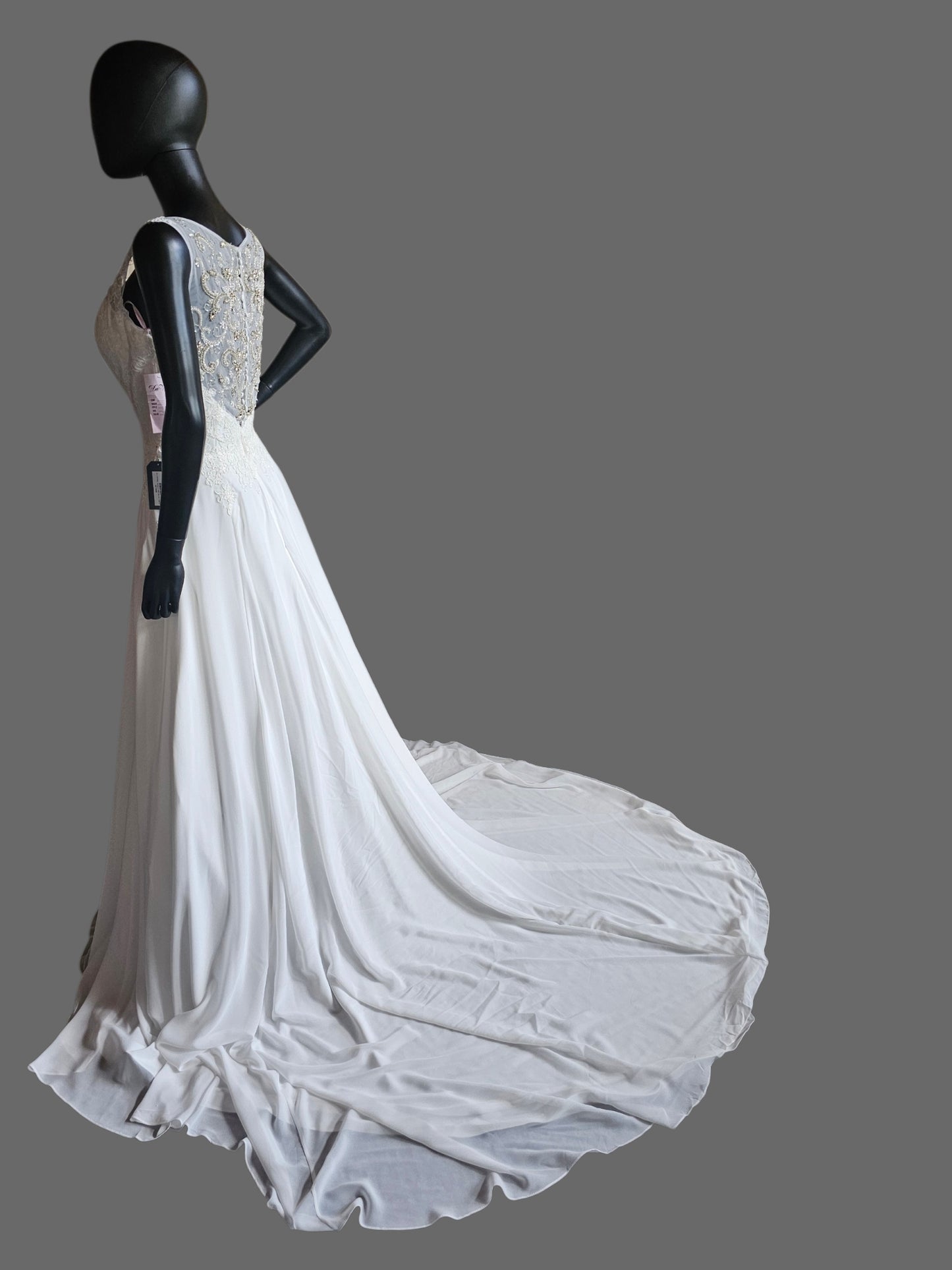 White Chiffon A-Line Lace V-Neck  Applica Illusion Back Wedding Gown - Davinci