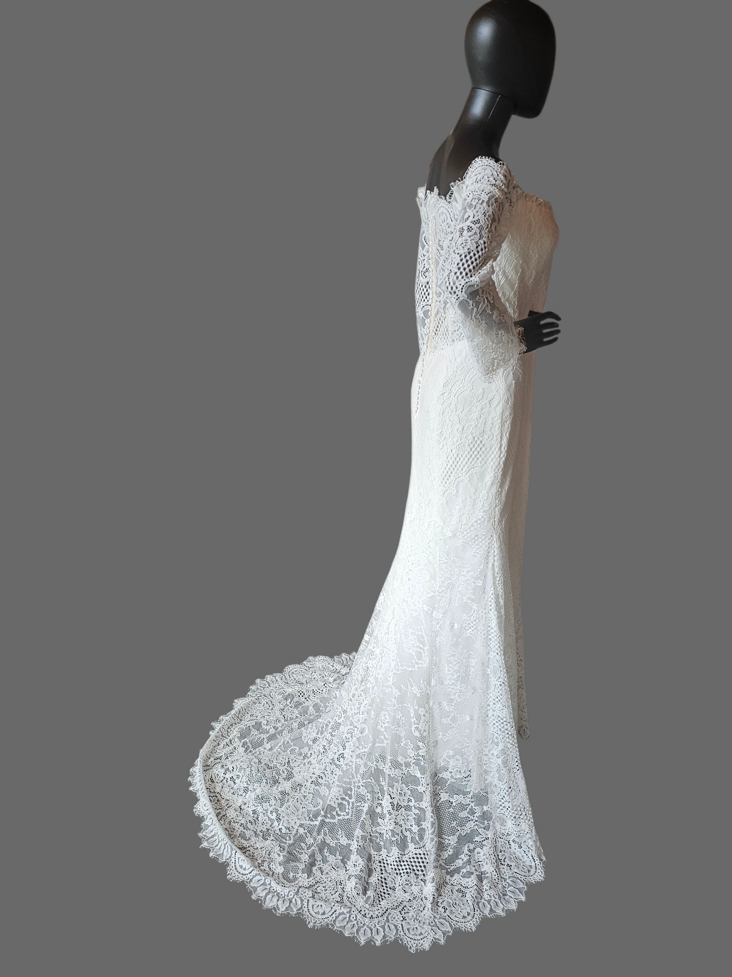 Off Shoulder Soft Ivory Lace Sleeve Fit/Flare Wedding Gown - Wtoo