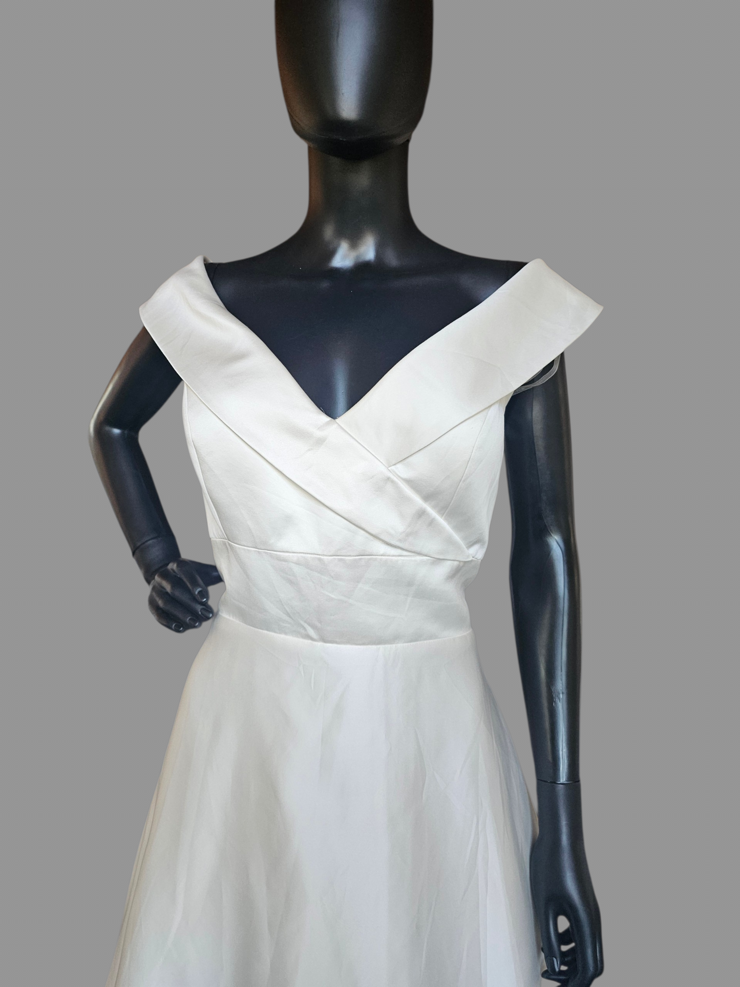 Ivory Silky Satin Simple Off Shoulder Cross V-Neck Open Back Wedding Gown - Mori Lee