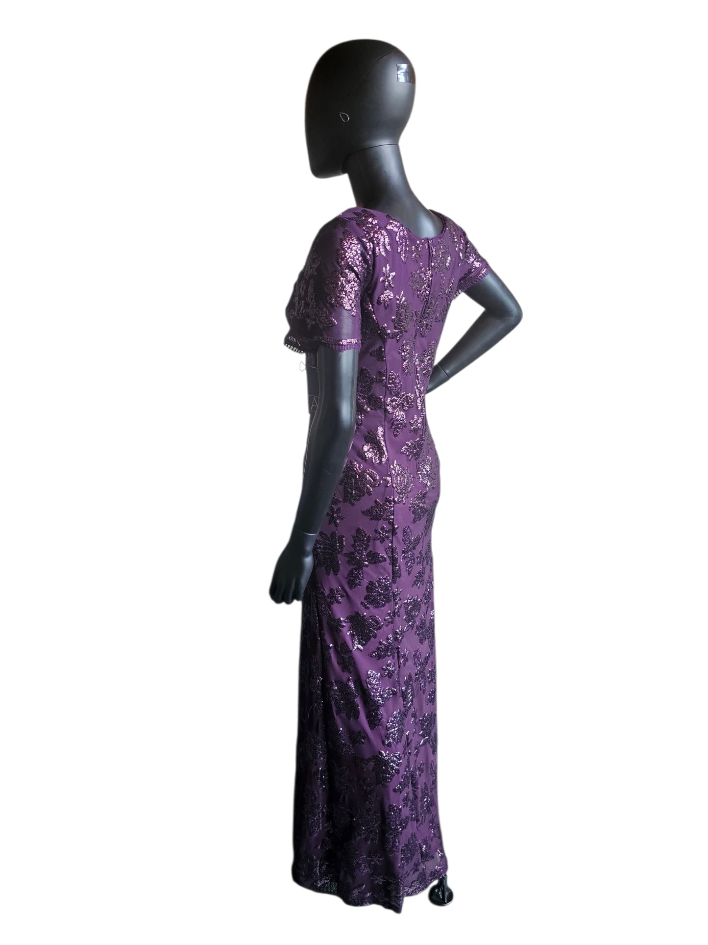 Plum Purple Floral Sequin Scoop Neck Cap Sleeve Full Length Formal Dress - Eva USA