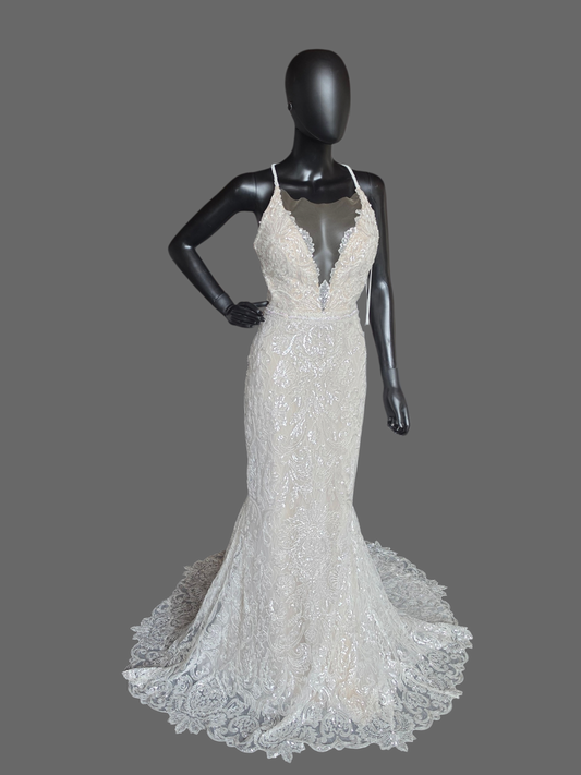 Cafe Art Deco Sequin Fitted Plunge Wedding Gown - Zavanna