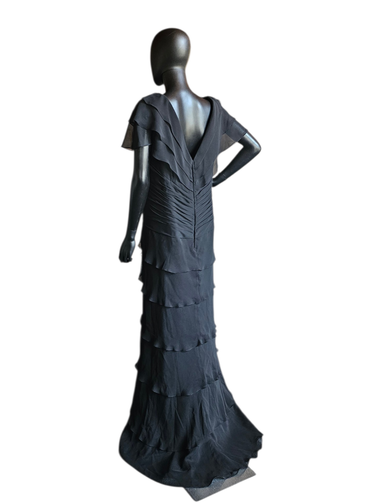 Black Chiffon Fit/Flared Tiered Cap Sleeve Applica Detail Formal/Moms Dress - Jovani
