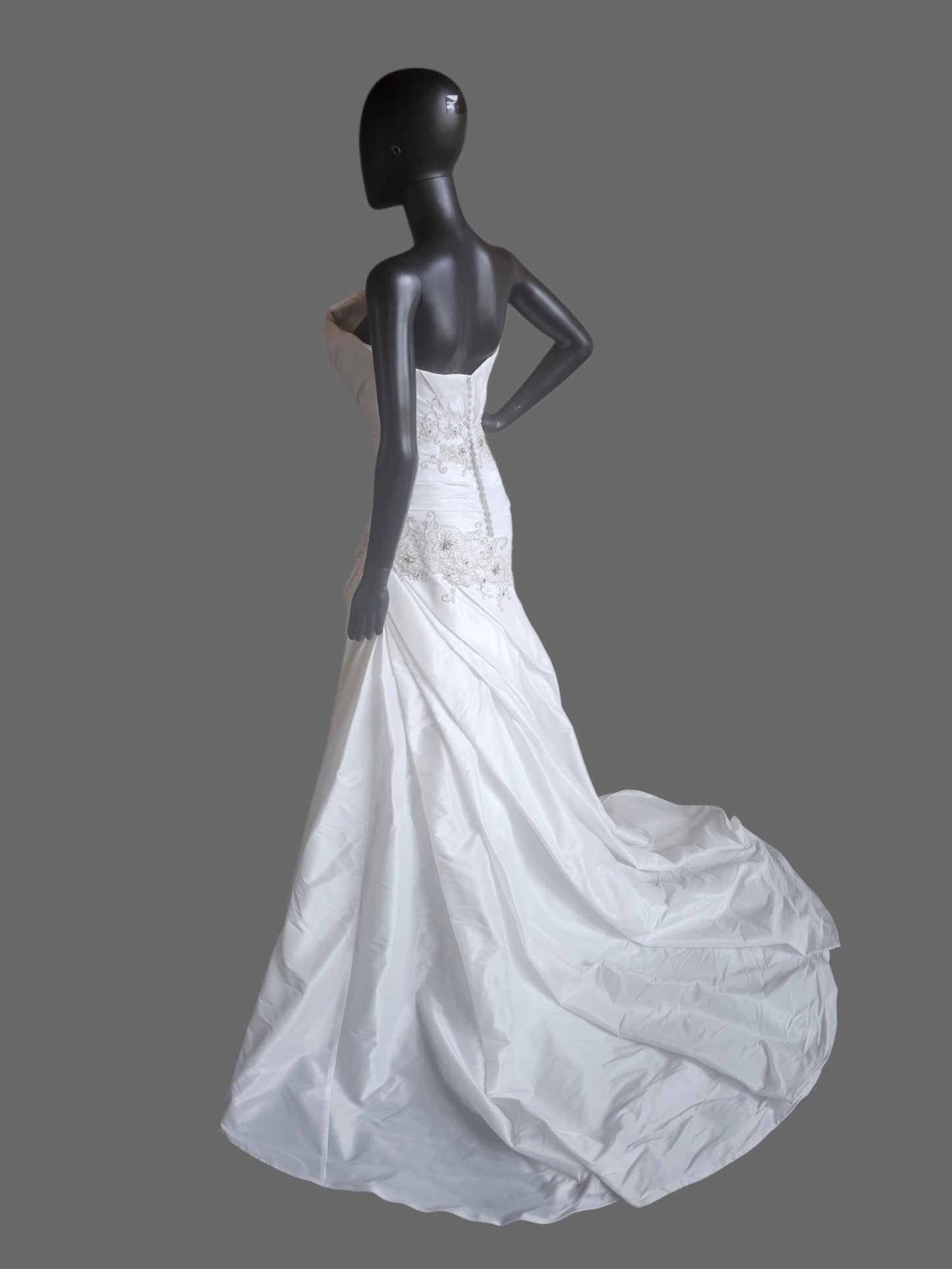 White Taffeta Side Sweep Detailed Applique Strapless Wedding Gown - Casablanca