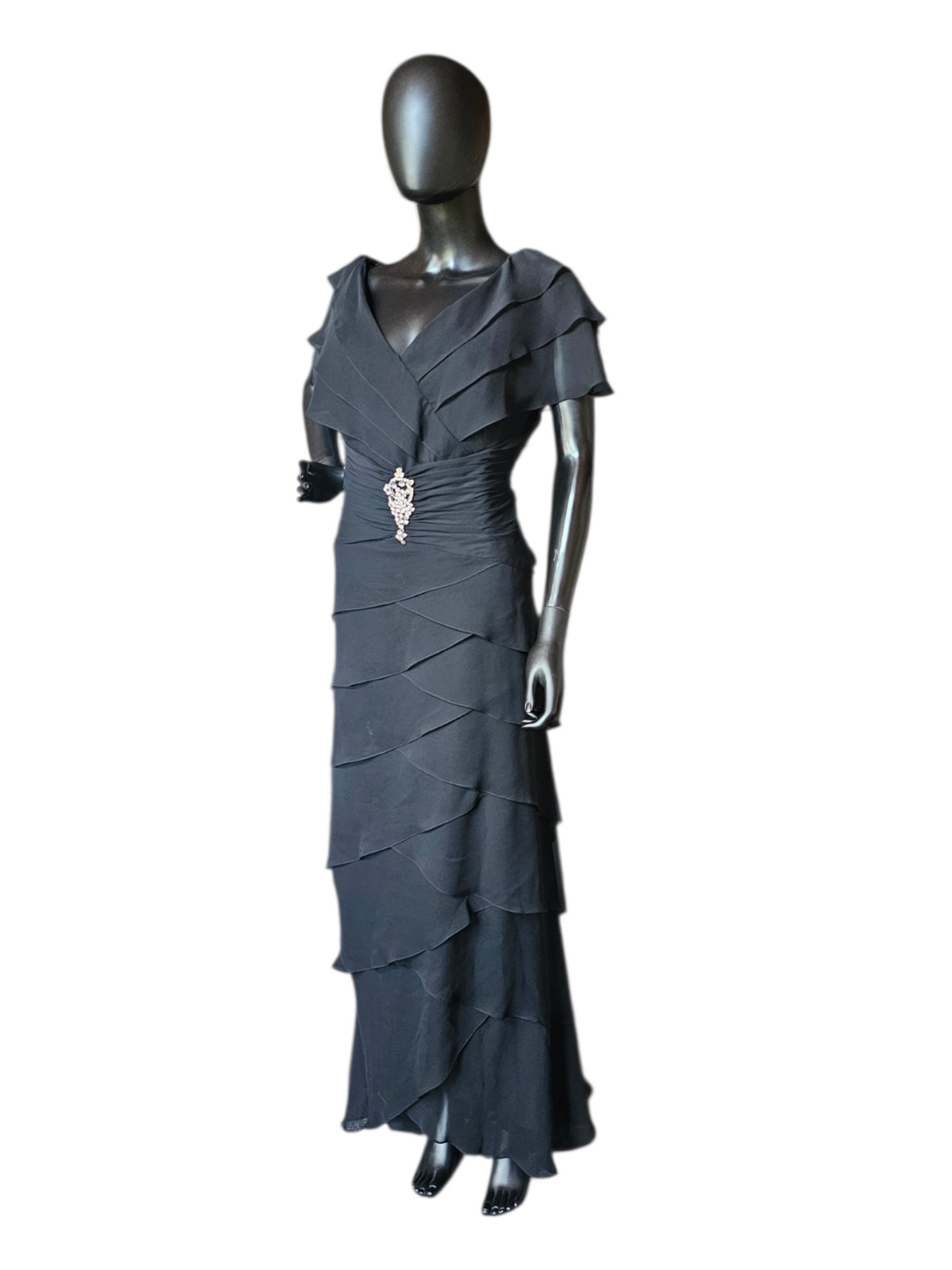 Black Chiffon Fit/Flared Tiered Cap Sleeve Applica Detail Formal/Moms Dress - Jovani