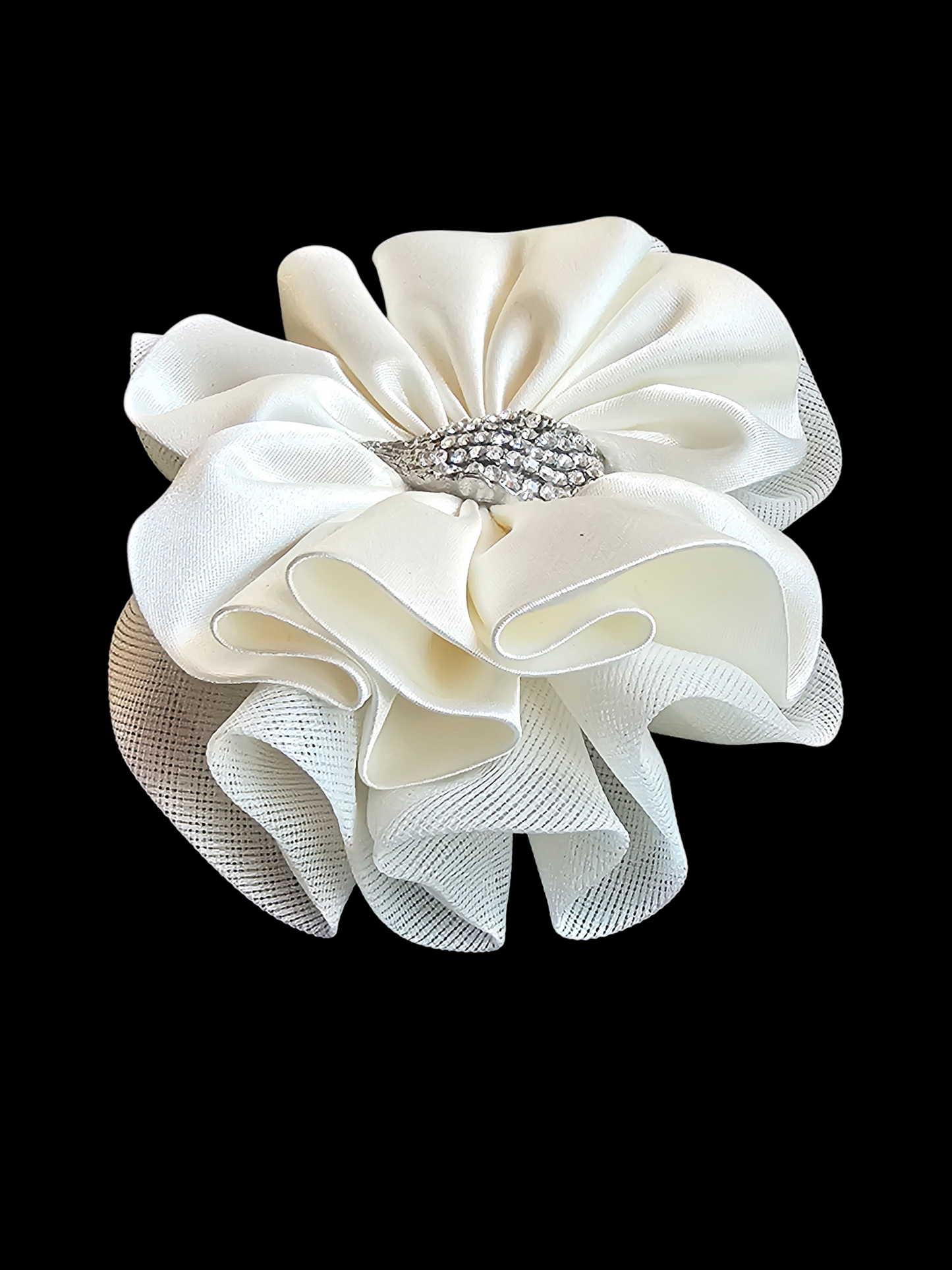 Ivory Satin Silver Rhinestone Bow Clip