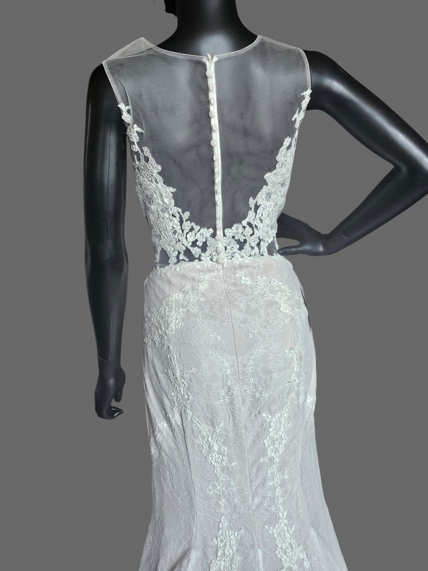 Ivory Illusion Plunge Thick Strap Floral Lace Fit/Flare Wedding Gown - Alyne