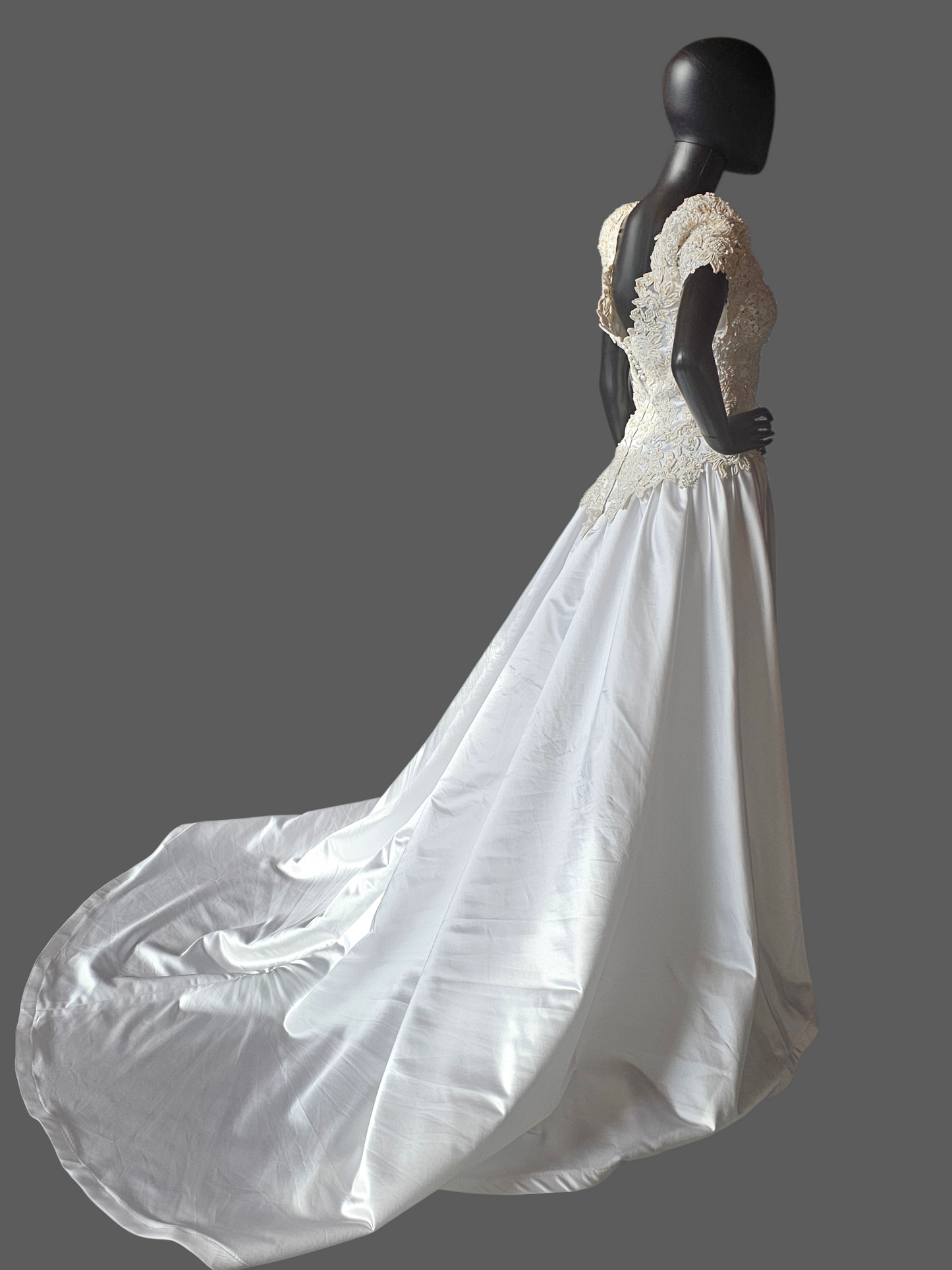 Vintage White Embroidered Cap Sleeve N-Neck Wedding Gown - Modest