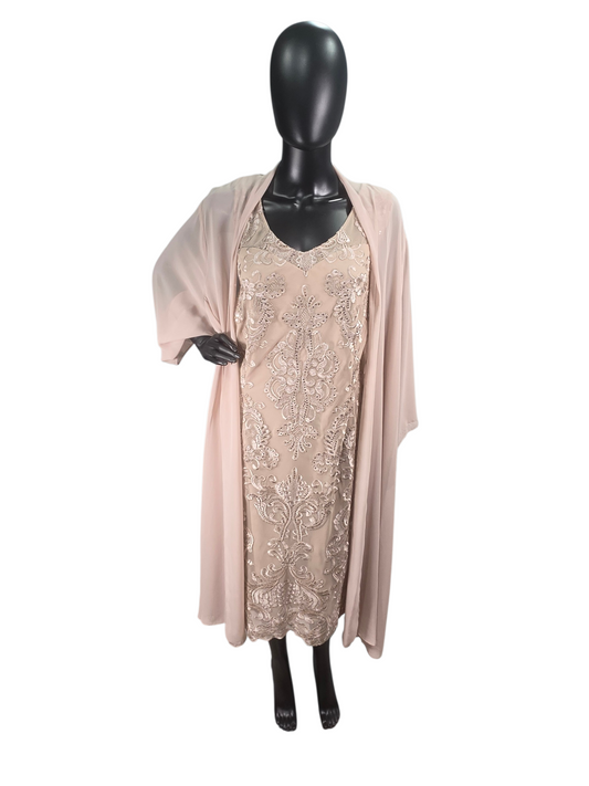 Champagne Knee Length Floral Sequin Design On Lace W/Chiffon Jacket Formal/Moms/Religious Occasion - R&M Richards