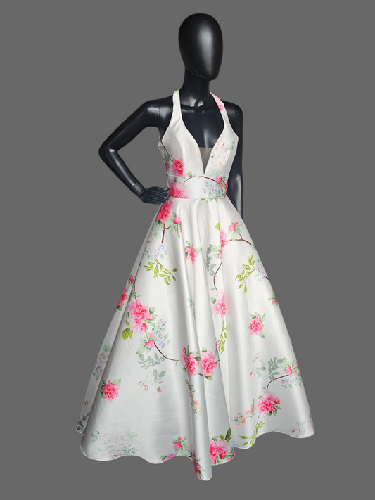Ivory/Multi Floral Halter A-Line Formal Dress - The Secret Dress