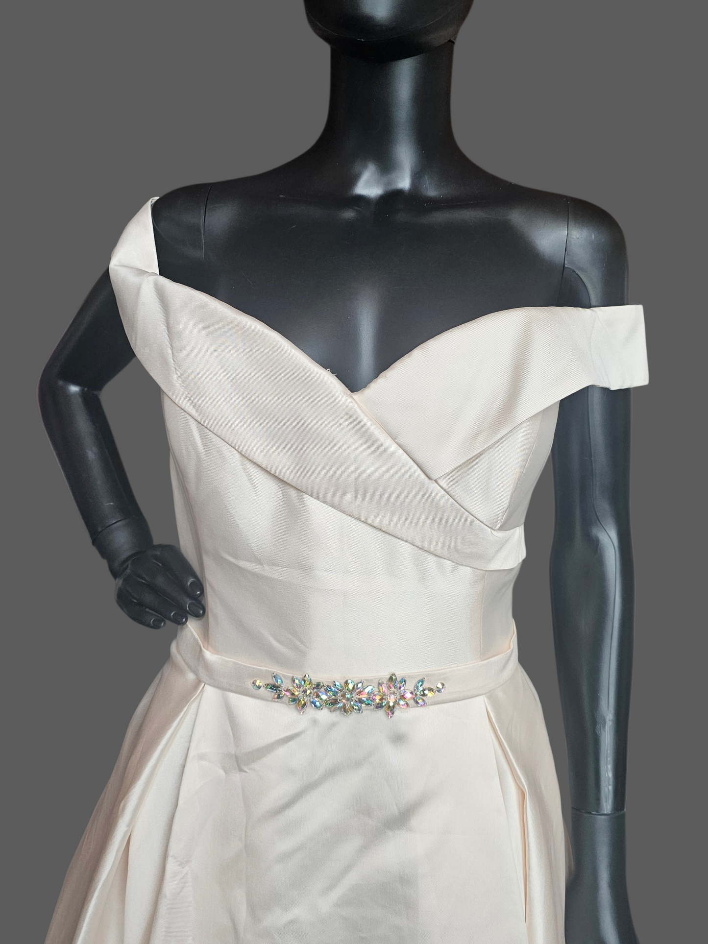 Blush Mikado Off Shoulder Box Pleat A-Line Formal Dress - Starbox