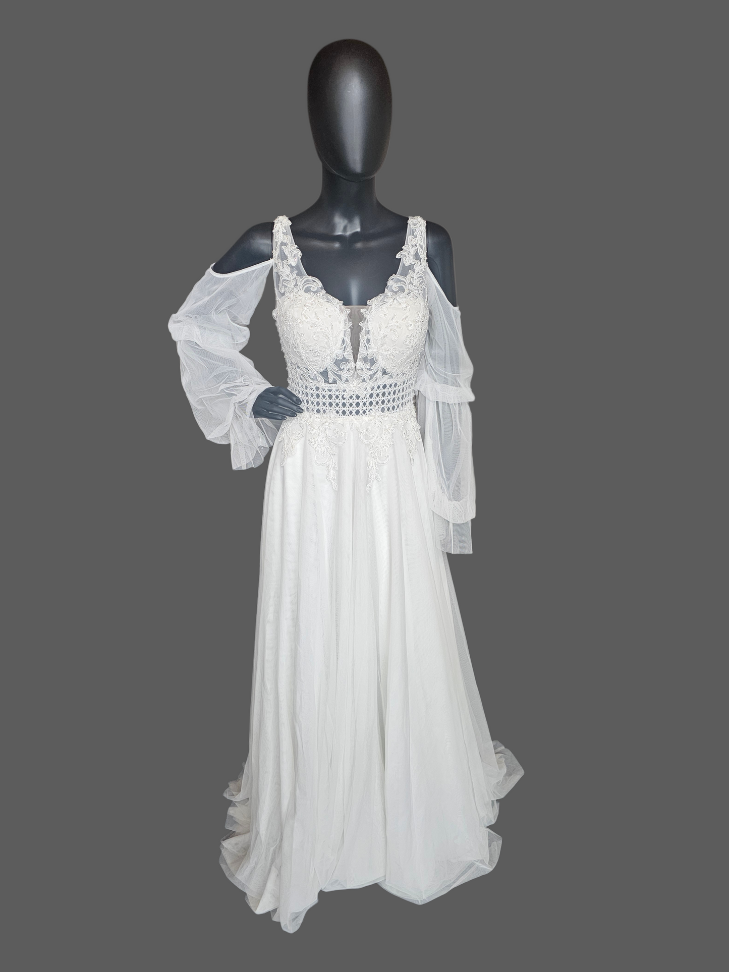 Ivory Boho V-Neck Cold Shoulder Lantern Sleeve Wedding Gown - Niobe - NWT