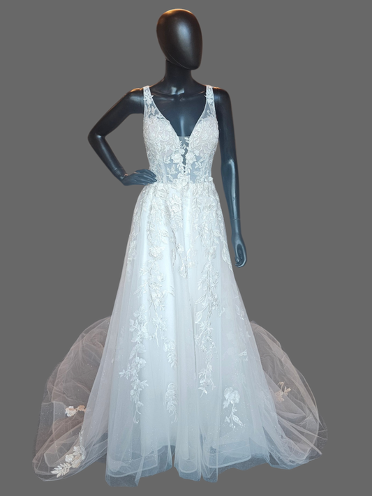 Ivory Wedding Gown V-Neck Plunge Lace Fit/Flare Floral Sequin Coreset  - Rebecca Ingram