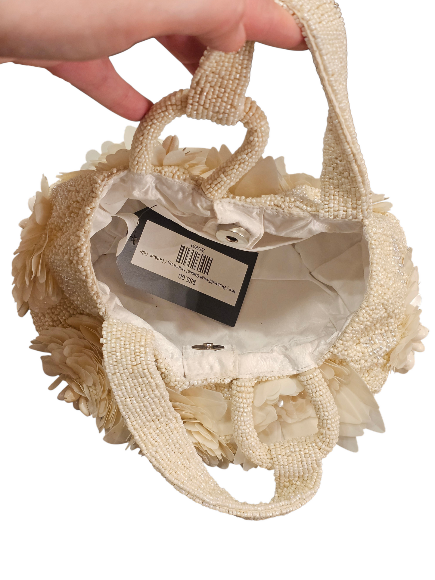 Ivory Seed-Beaded/Floral/Shell Basket Handbag