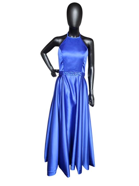 Royal Blue Satin Halter Full Length A-Line Formal Dress