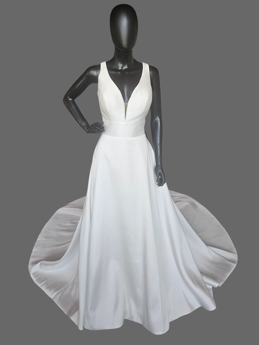 Ivory Mikado Plunge V-Neck Minimalist Wedding Gown - Mori Lee