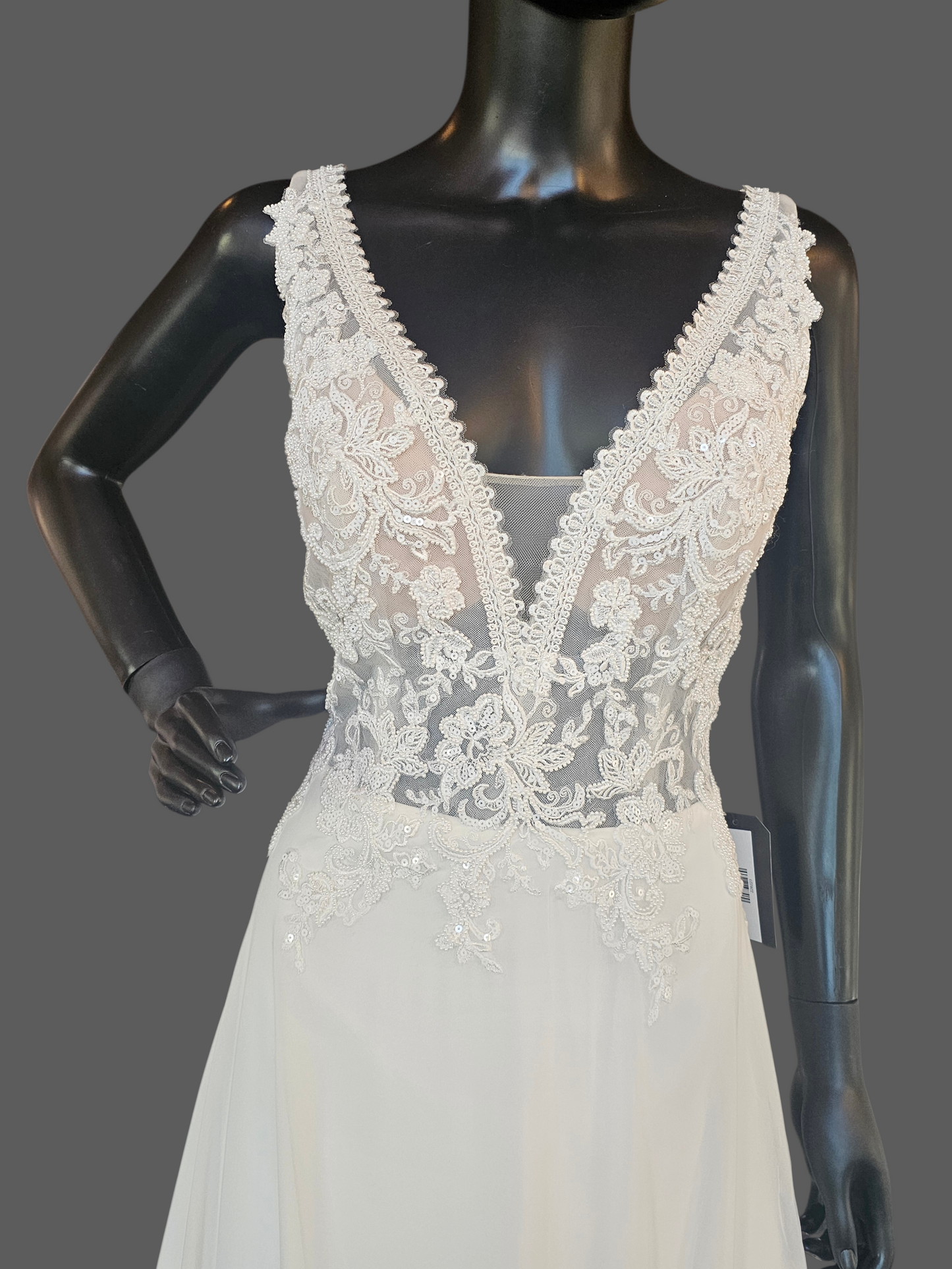 Ivory V-Neck Beaded Plunge Chiffon Skirt A-Line Wedding Gown - Beloved Private Label