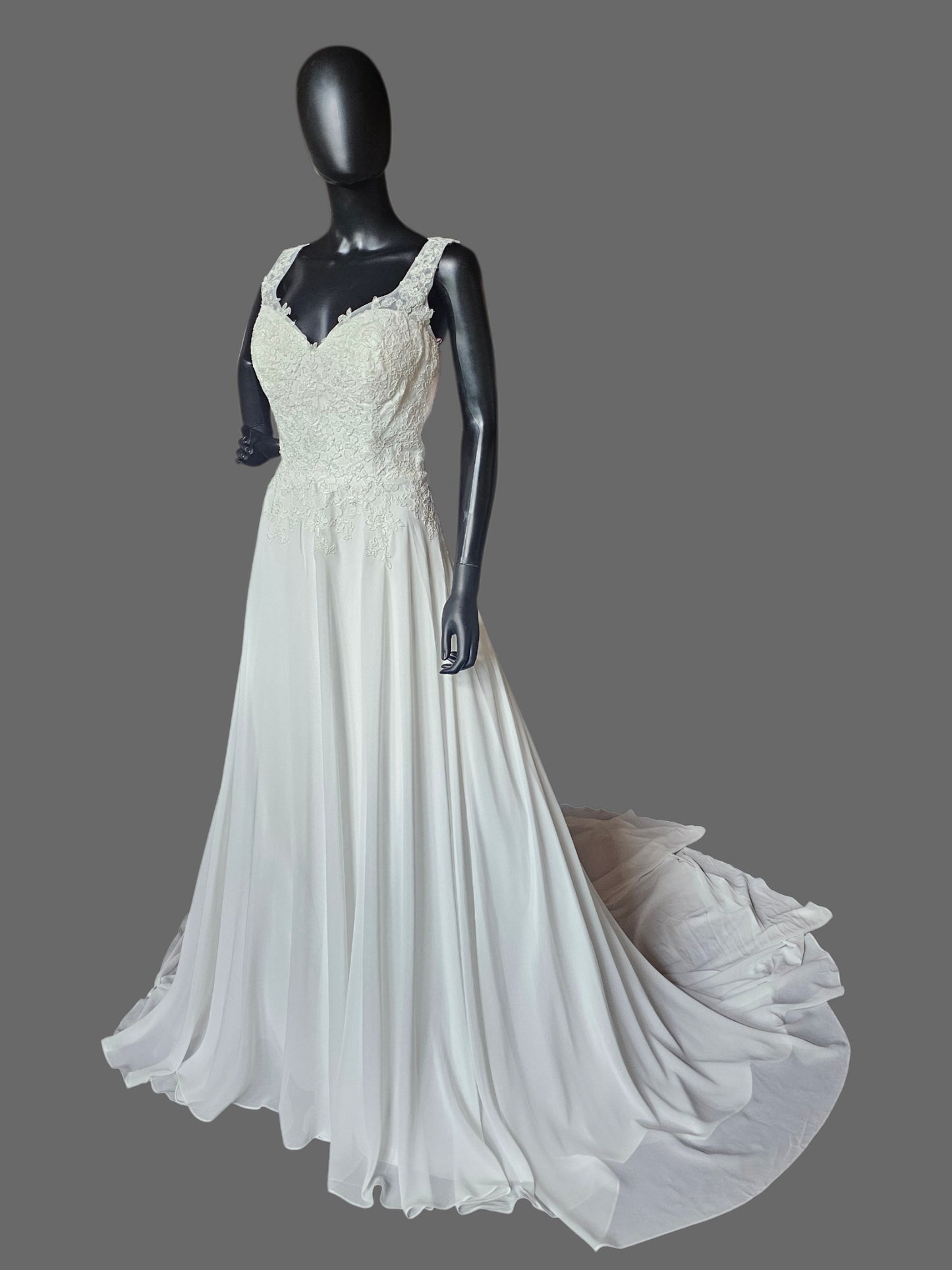 White Chiffon A-Line Lace V-Neck  Applica Illusion Back Wedding Gown - Davinci