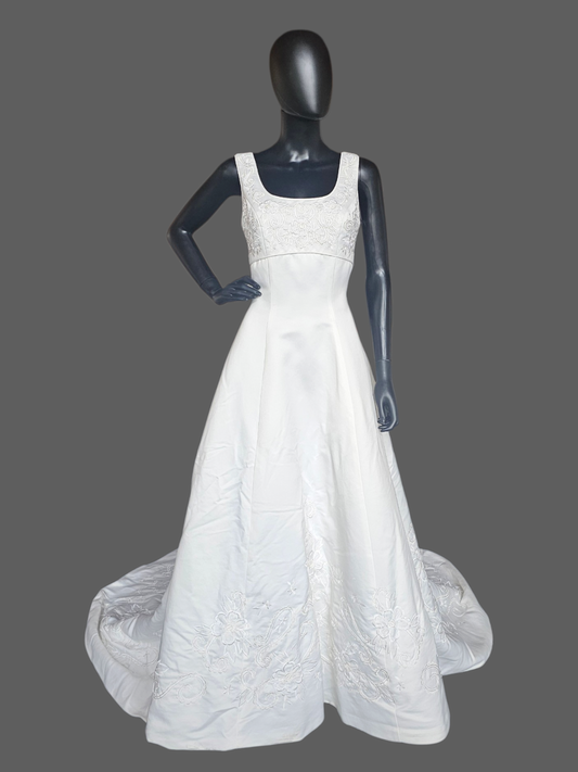 Vintage Ivory Satin Embroidered Scoop Neck Wedding Gown - Gloria Vanderbuilt