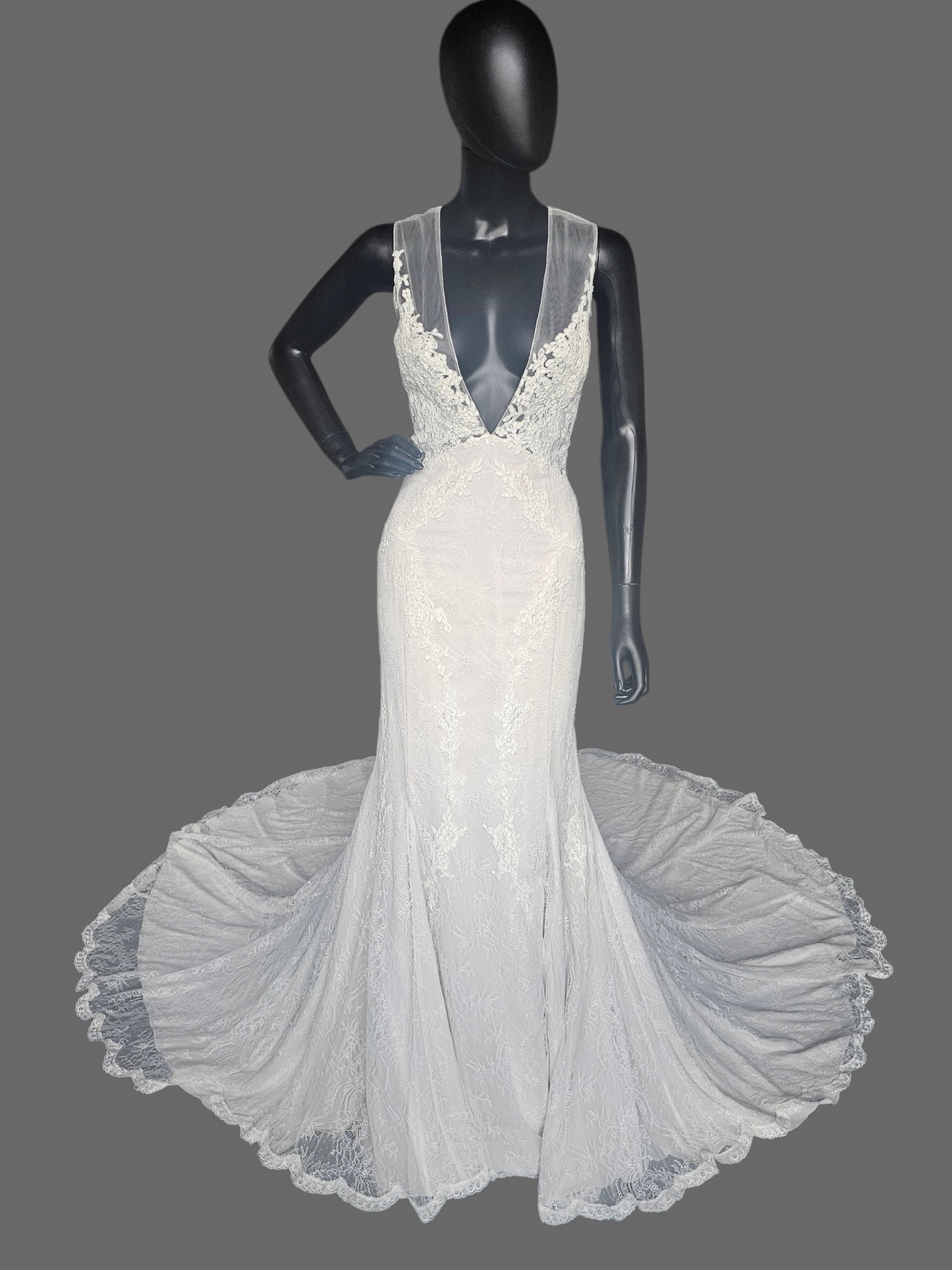 Ivory Illusion Plunge Thick Strap Floral Lace Fit/Flare Wedding Gown - Alyne