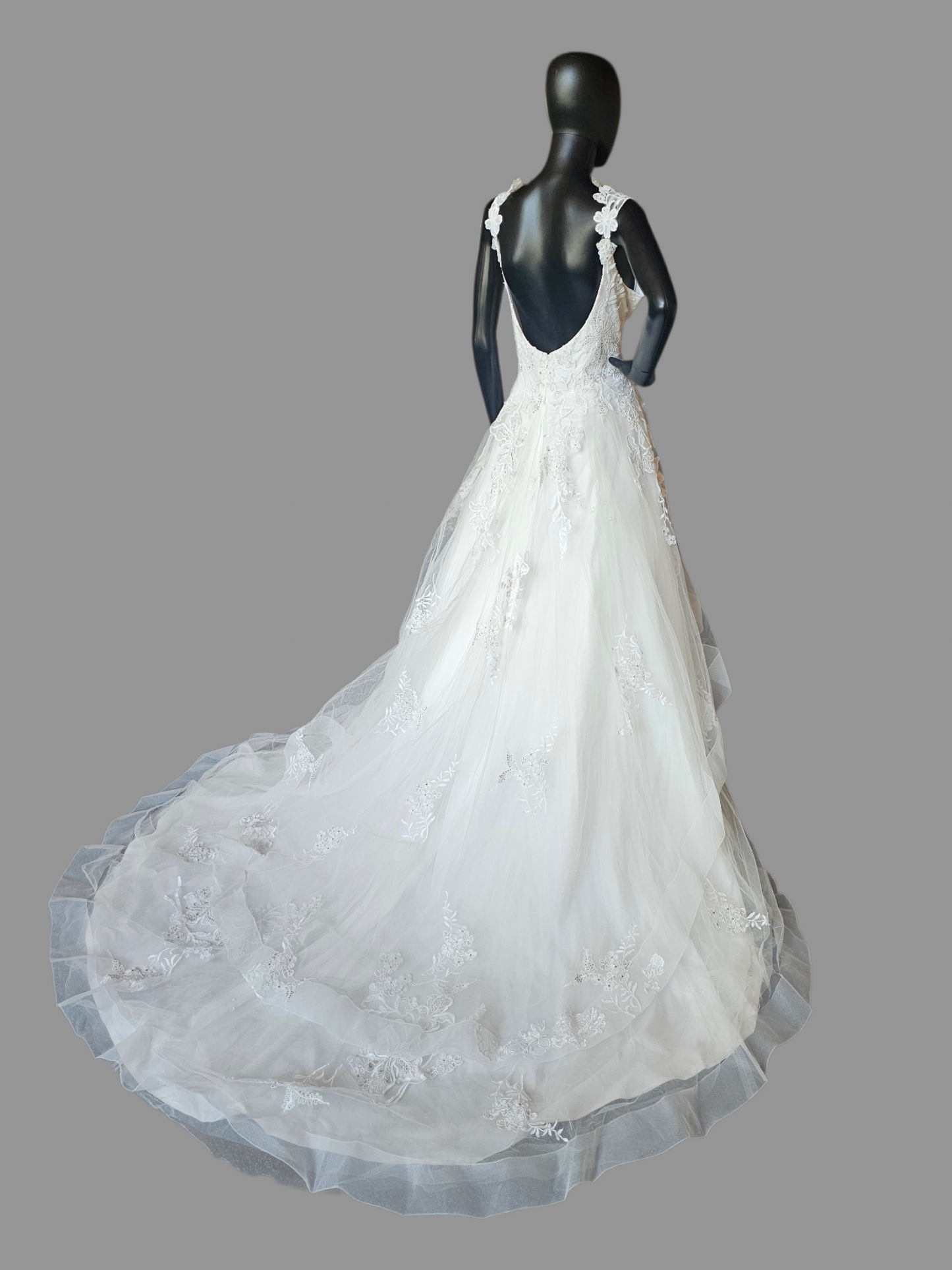 A-Line Floral Tiered Laced Sleeves Sweetheart Plunge Wedding Gown- Beloved