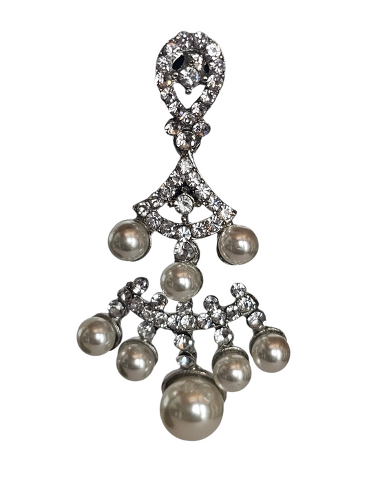Large Silver/Rhinestone Pearl Dangle Earring - Mariell
