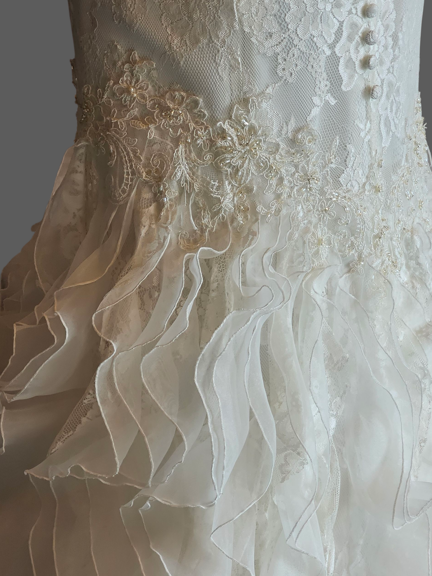 Ivory Lace Strapless Sweetheart Fit/Flare Verticle Ruffle Wedding Gown - Casablanca