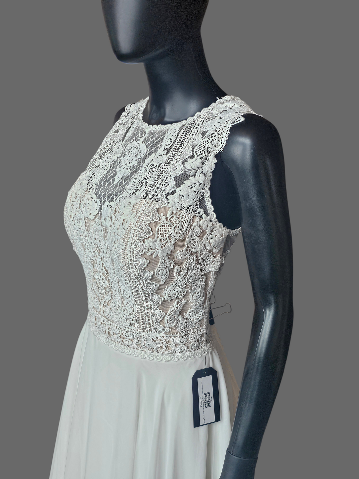 Ivory/Nude High Neck Lace Chiffon Skirt Wedding Gown - Justin Alexander