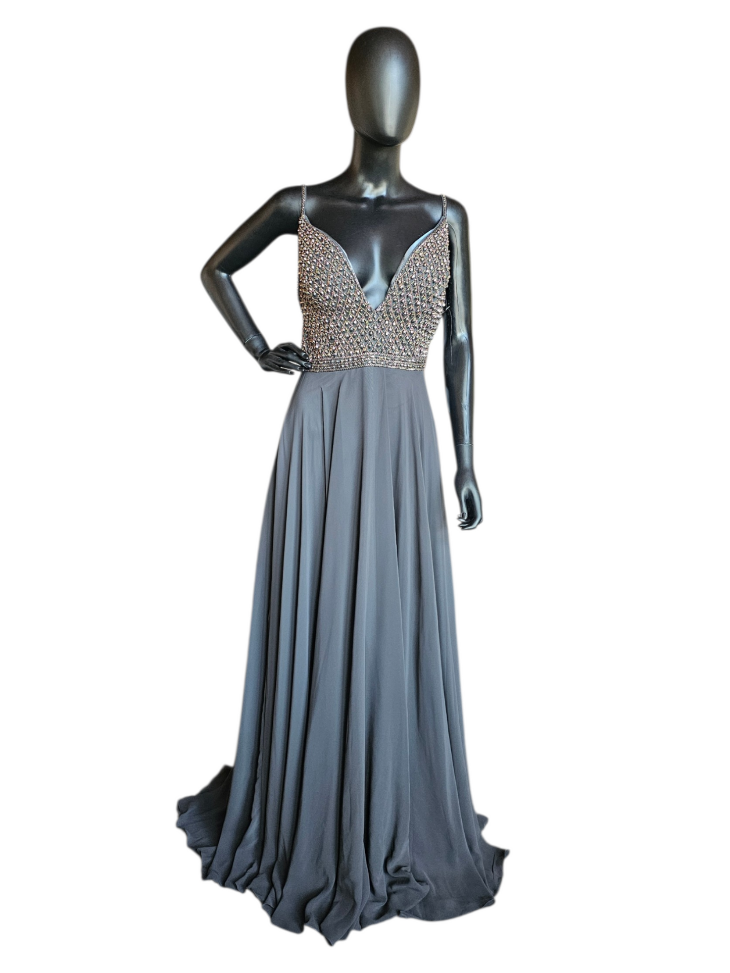 Charcoal A-Line beaded V-Neck Plunge Open Back Formal/Prom Dress - Jovani