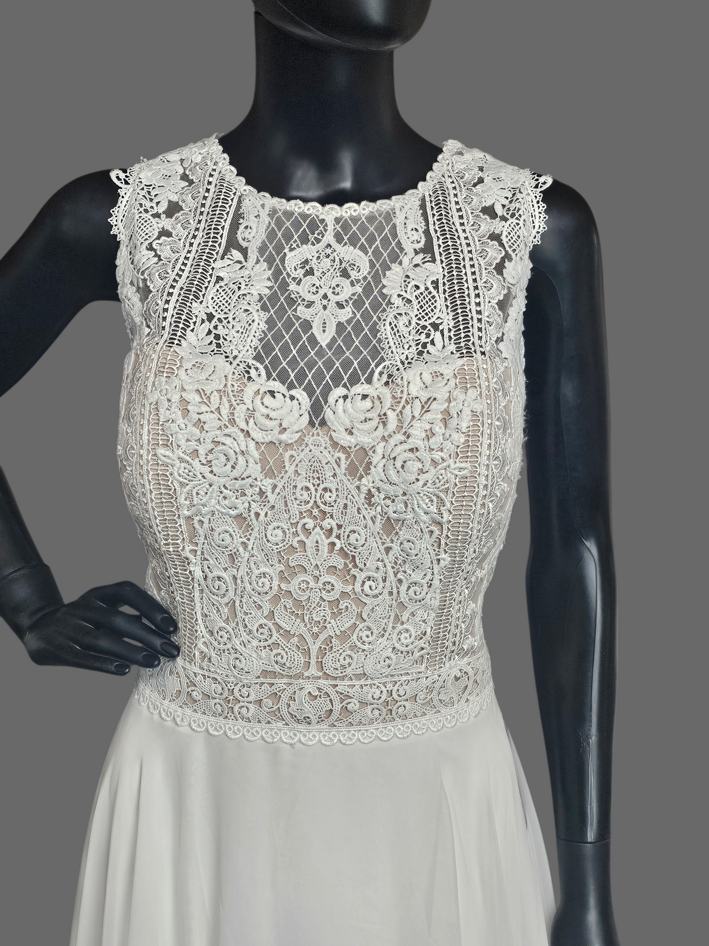 Ivory/Nude High Neck Lace Chiffon Skirt Wedding Gown - Justin Alexander