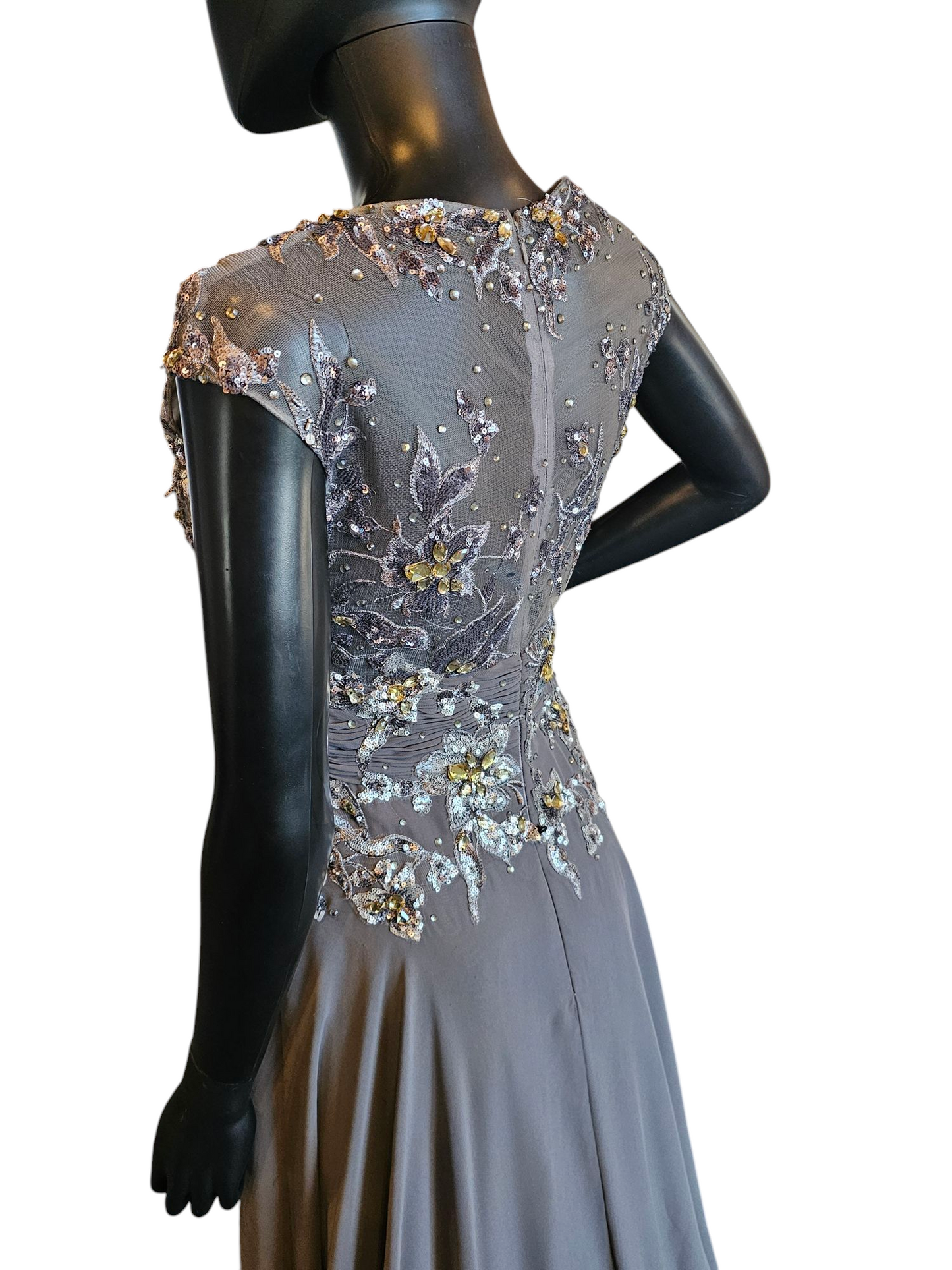 Grey Chiffon Gold Jewel Formal Dress - Vienna