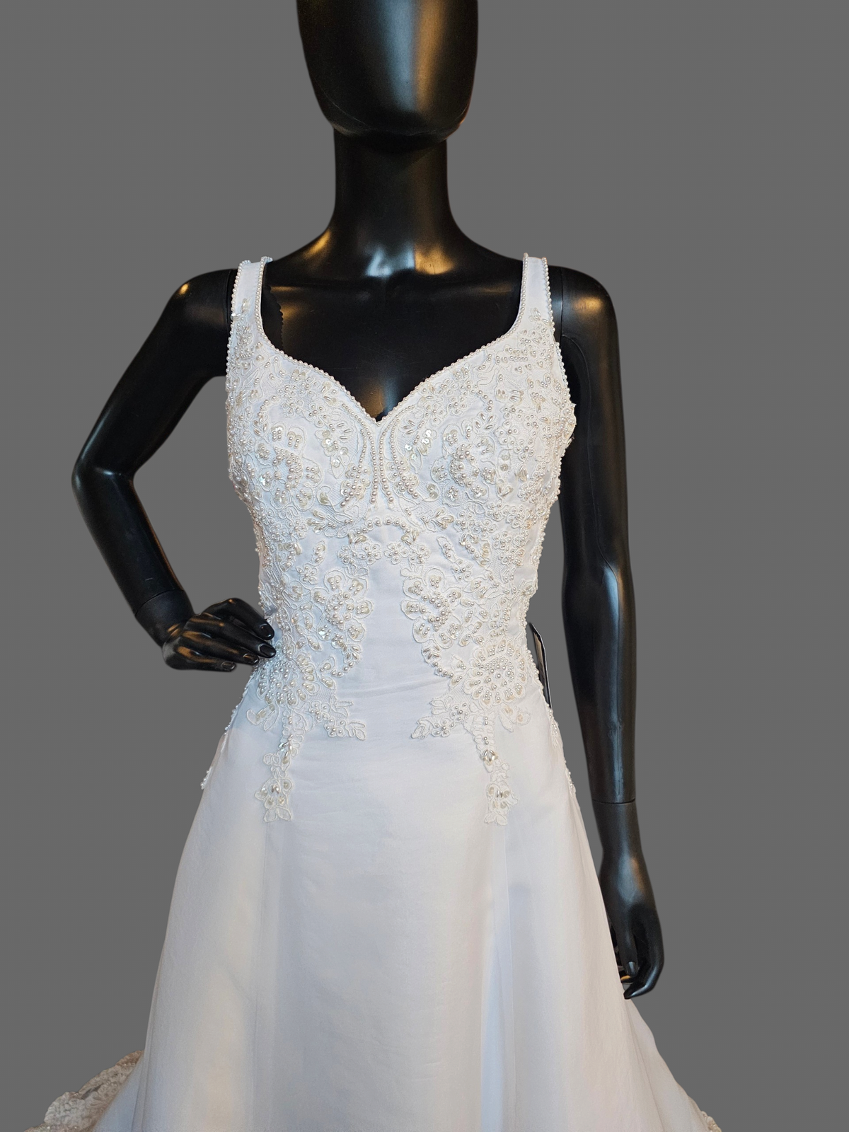 White V-Neck Lace Applique Organza Wedding Gown - Oleg Cassini