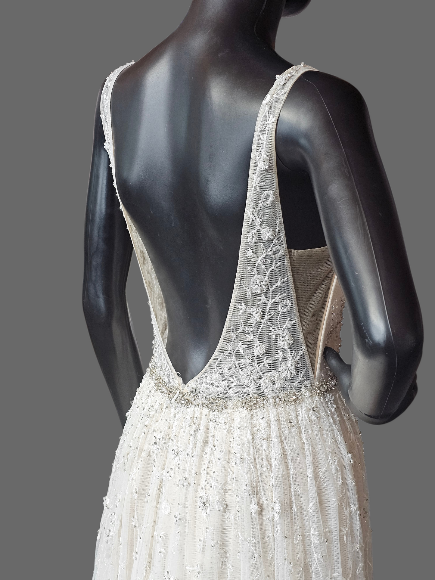 Ivory/Champagne Soft Netting Plunge V-Neck Open Back Wedding Gown - Martin Thornburg