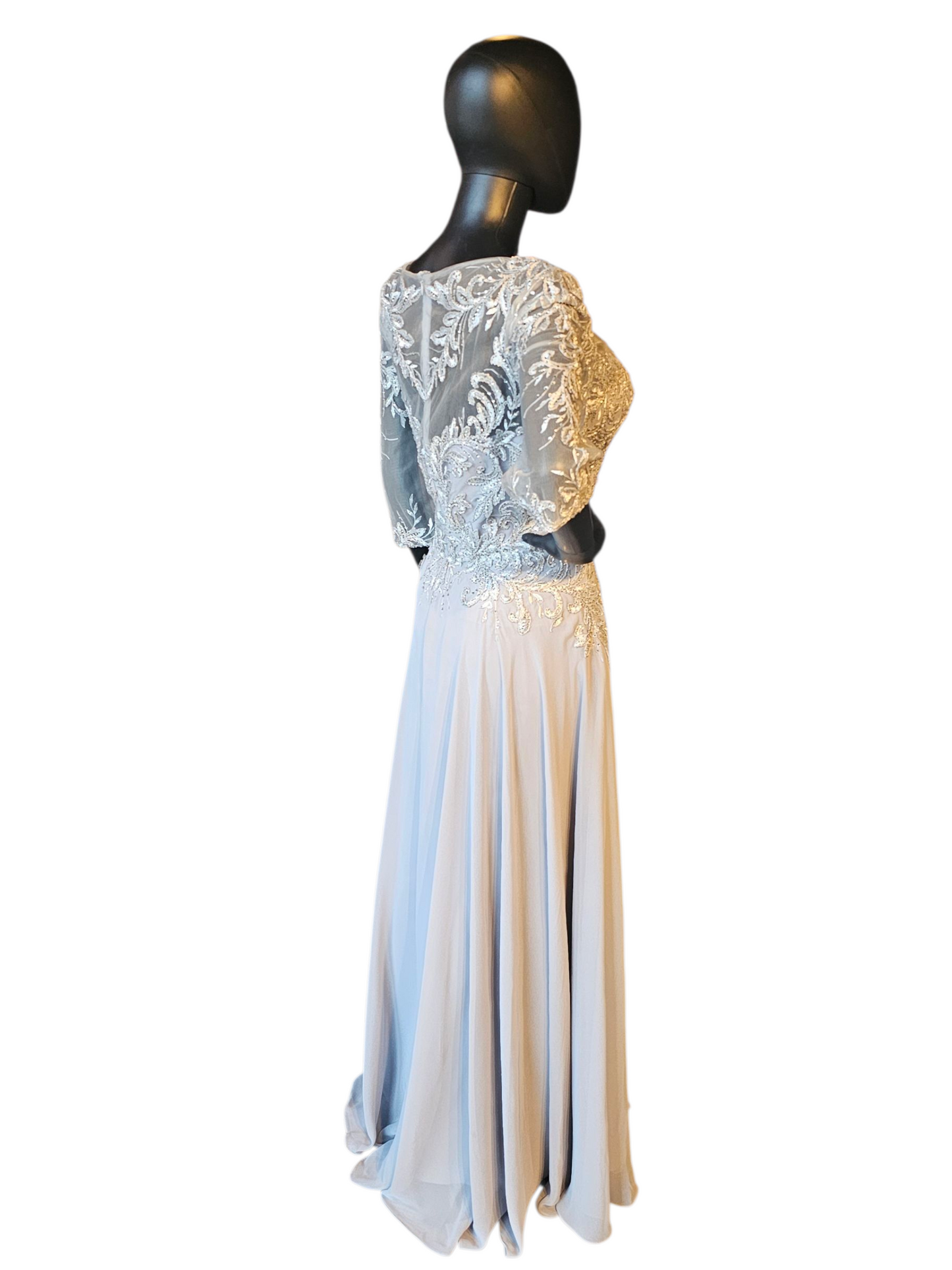 Silver Long Sleeve Illusion Bodice Maxi Formal Evening Gown - Madaline Gardner NY