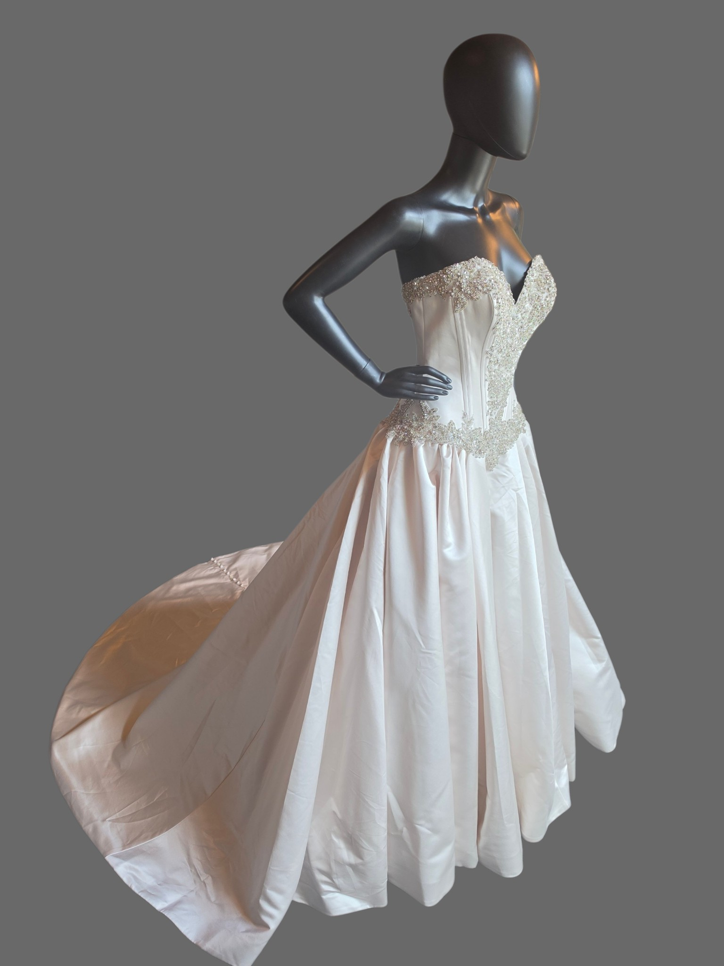 Café/Silver Satin Beaded Basque Waist Sweetheart Wedding Gown - Allure