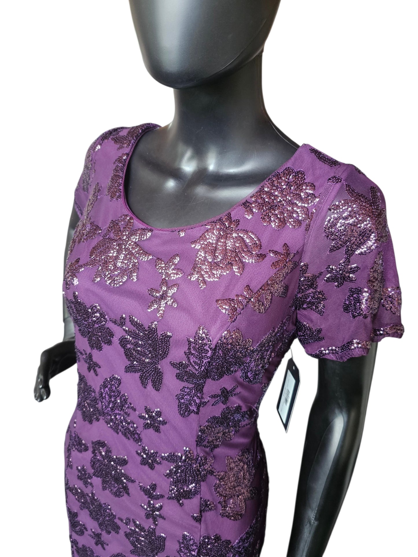 Plum Purple Floral Sequin Scoop Neck Cap Sleeve Full Length Formal Dress - Eva USA