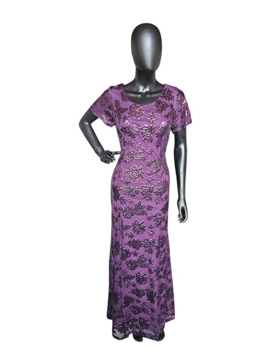 Plum Purple Floral Sequin Scoop Neck Cap Sleeve Full Length Formal Dress - Eva USA
