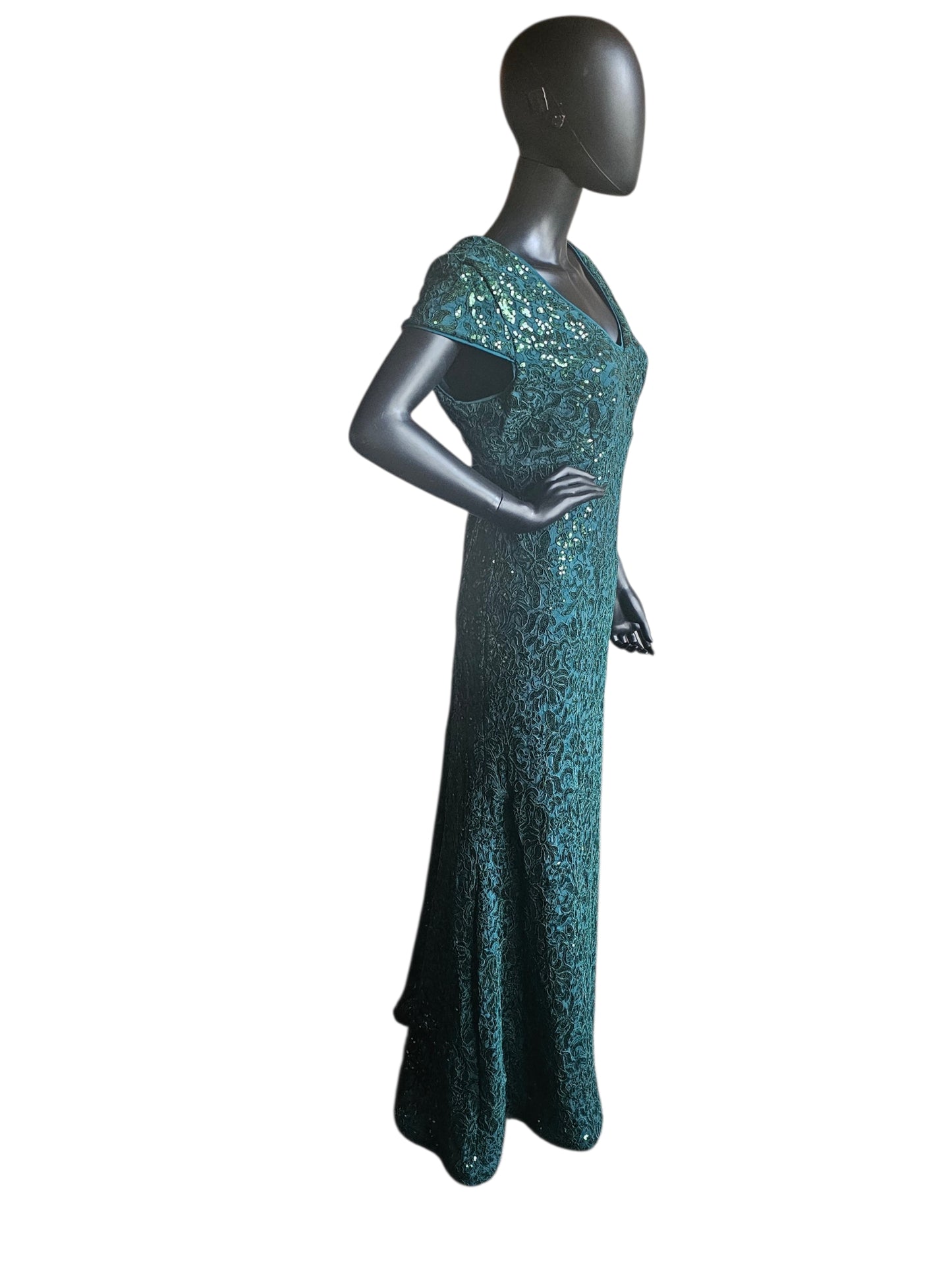 Hunter Green Floral Sequin Detail Cap Sleeve Full Length- R & M