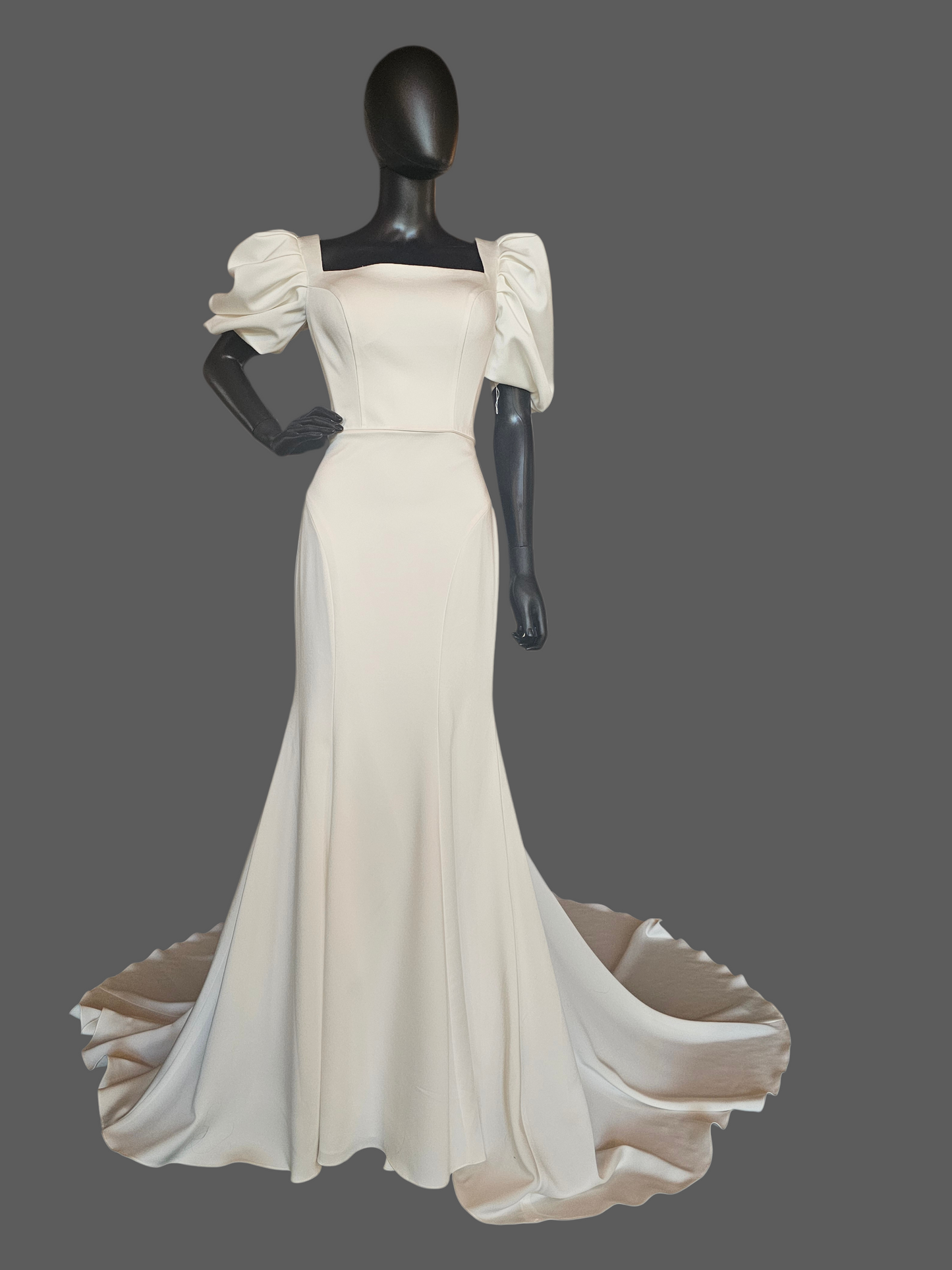 Ivory Silky Satin Fitted Square Neck Puff Sleeve Minimalist Wedding Gown - Casablanca