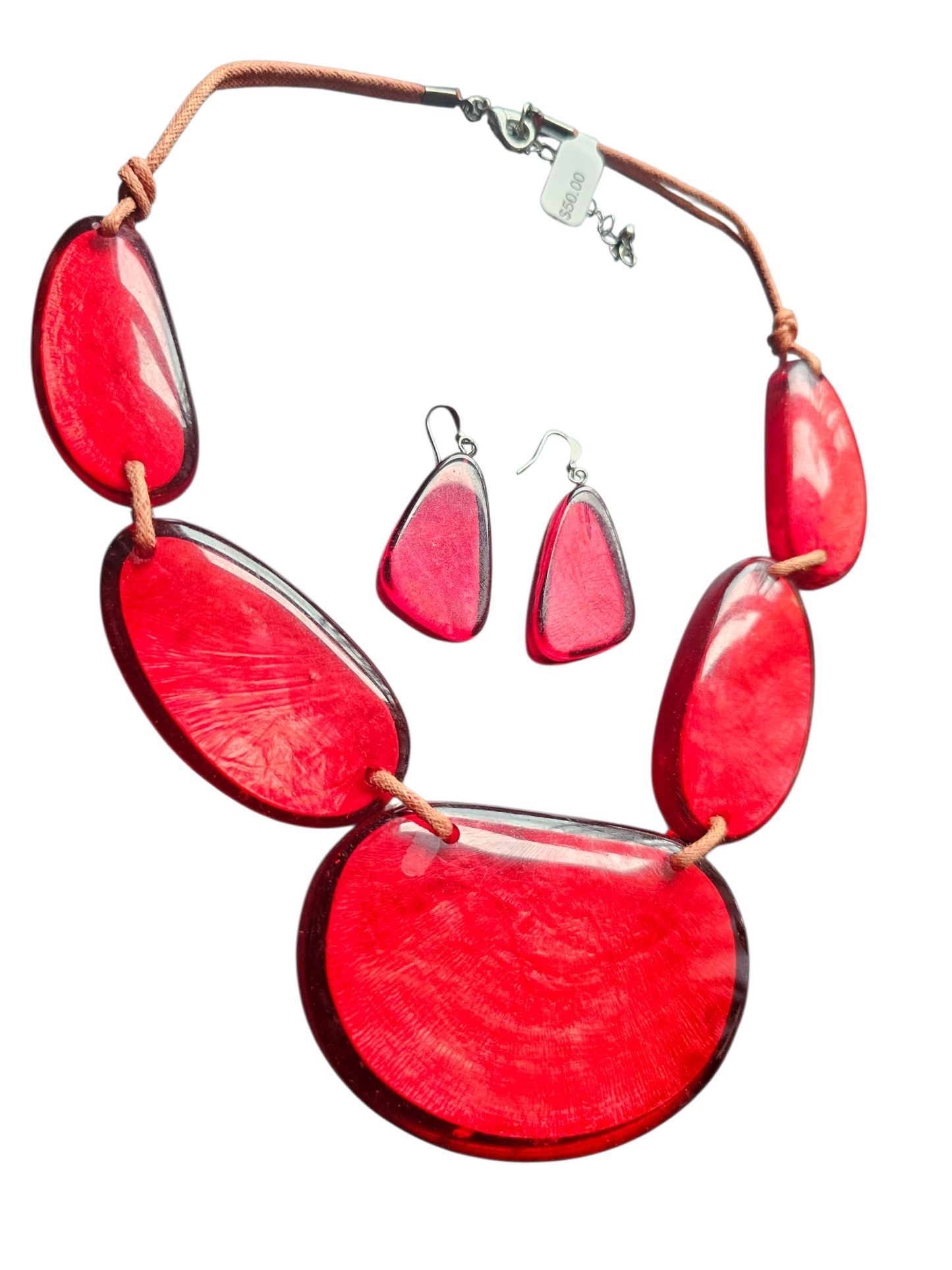 Vintage Large Red Abstract Polished Resin Necklace/Earrings/Bracelet Set