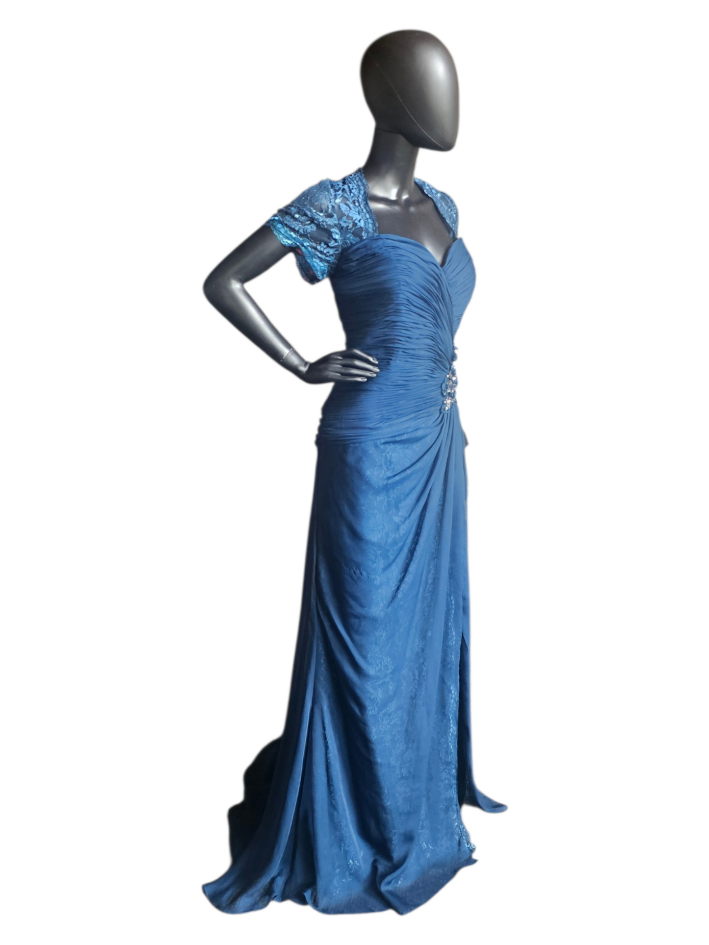 Navy Moms Dress Lace Cap Sleeve Lace Train Beaded Applica Sweetheart Neck  - Feriani Couture