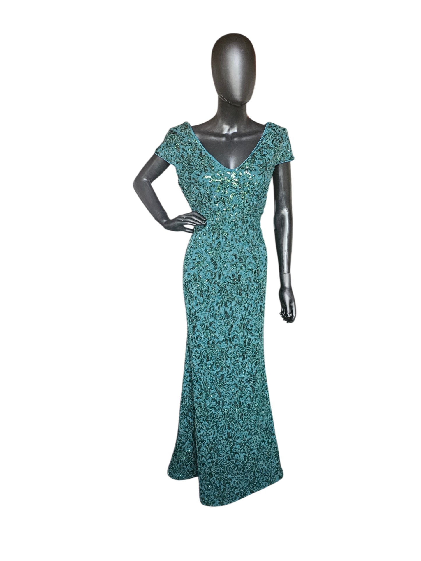 Hunter Green Floral Sequin Detail Cap Sleeve Full Length- R & M
