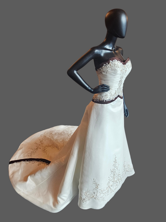 Ivory/Chocolate Satin Sweetheart A-line Wedding Gown - Bonny