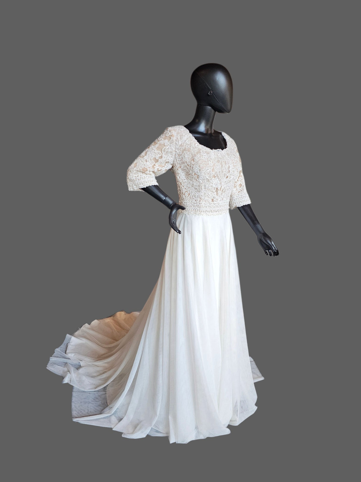 Ivory Scoop Neck Lace 3/4 Sleeve A-Line Net Wedding Gown - Maggie Sottero
