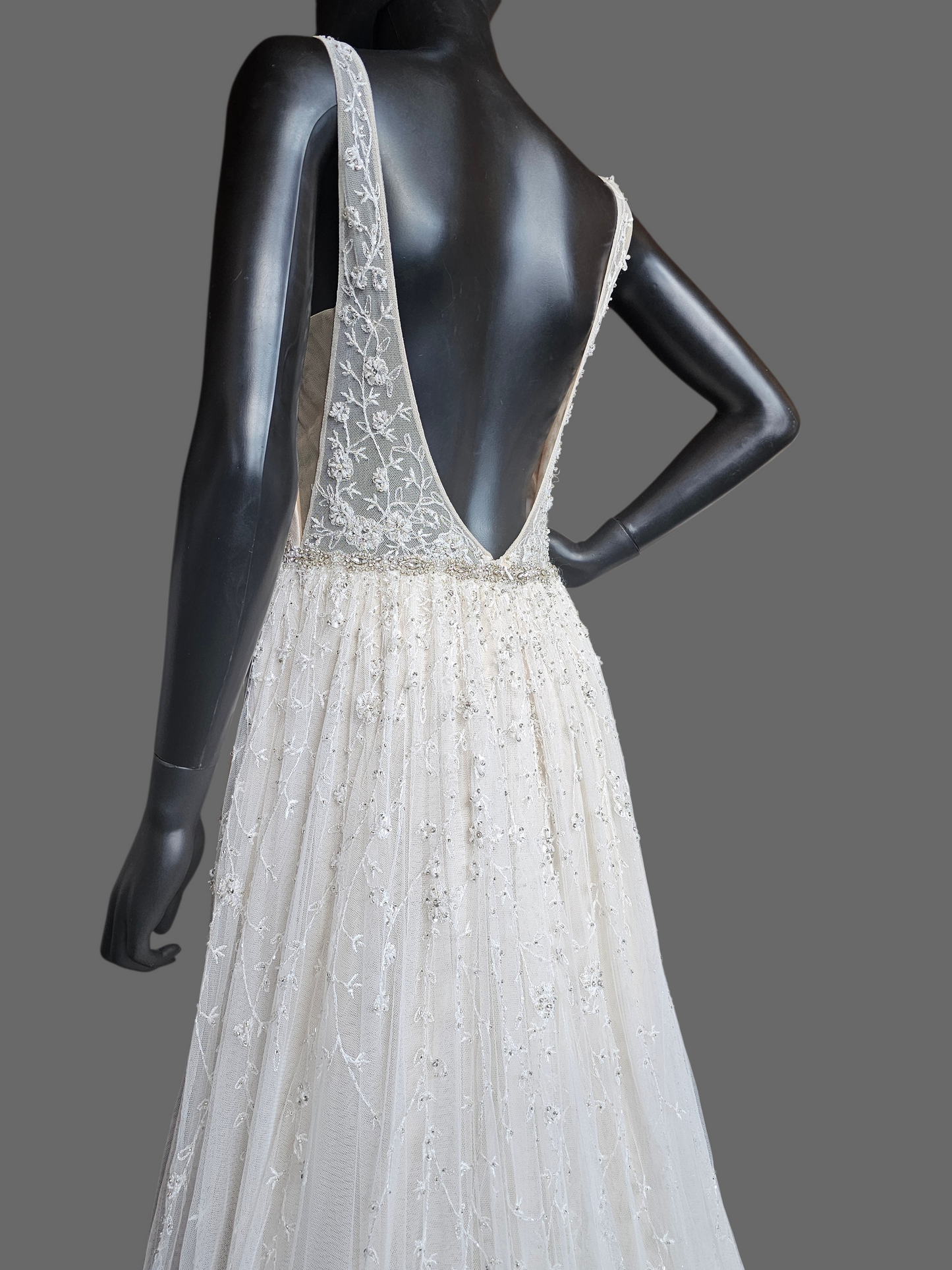 Ivory/Champagne Soft Netting Plunge V-Neck Open Back Wedding Gown - Martin Thornburg