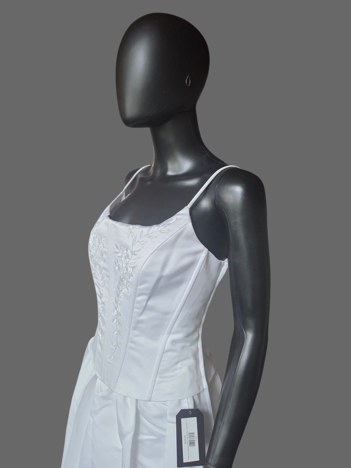White Satin Basque Waist Embroidered Corset Bodice (no train) Wedding Gown - Jaqueline