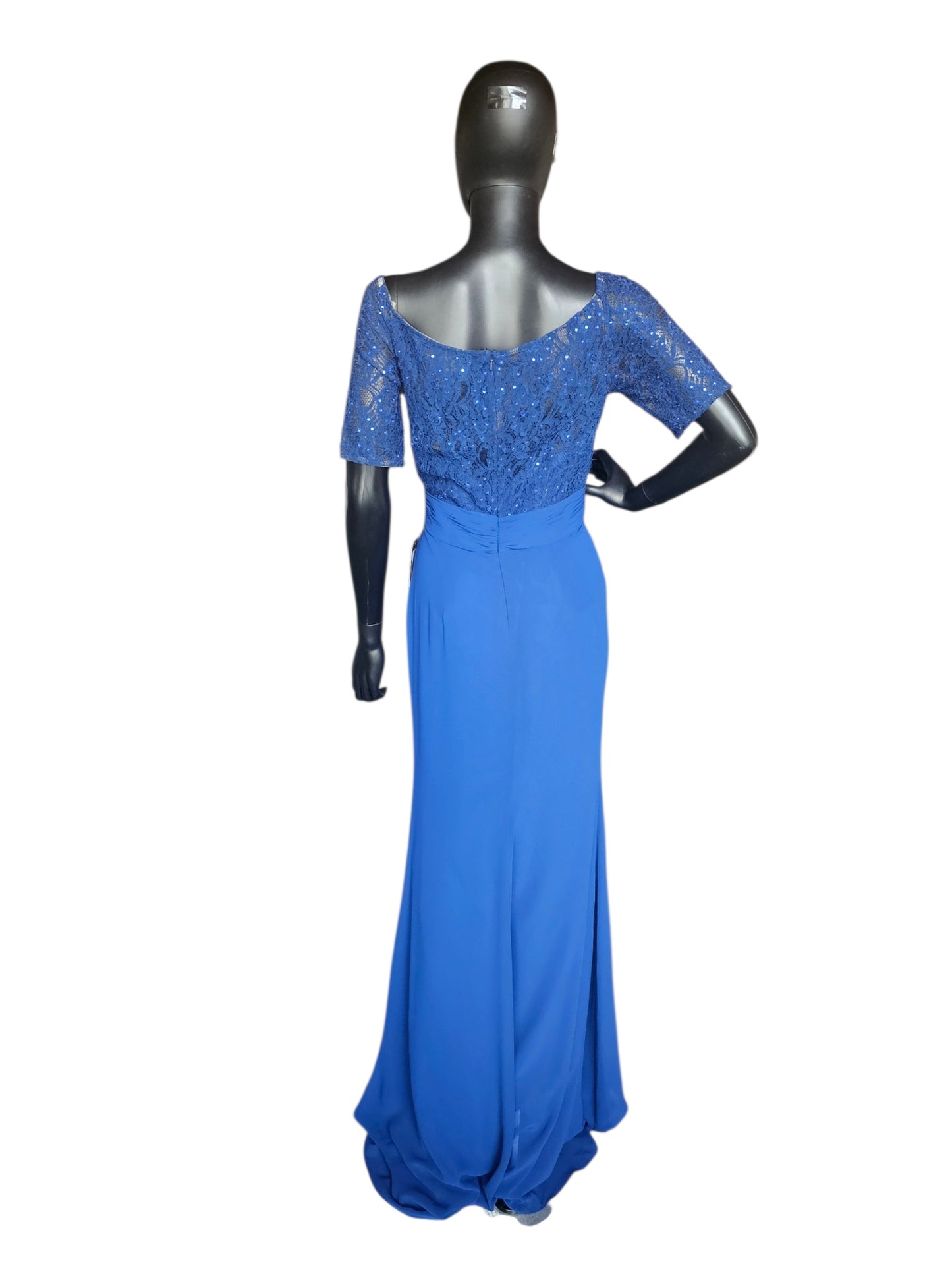 Royal Blue Scoop Neck Lace Gathered Waist - Alyce Paris
