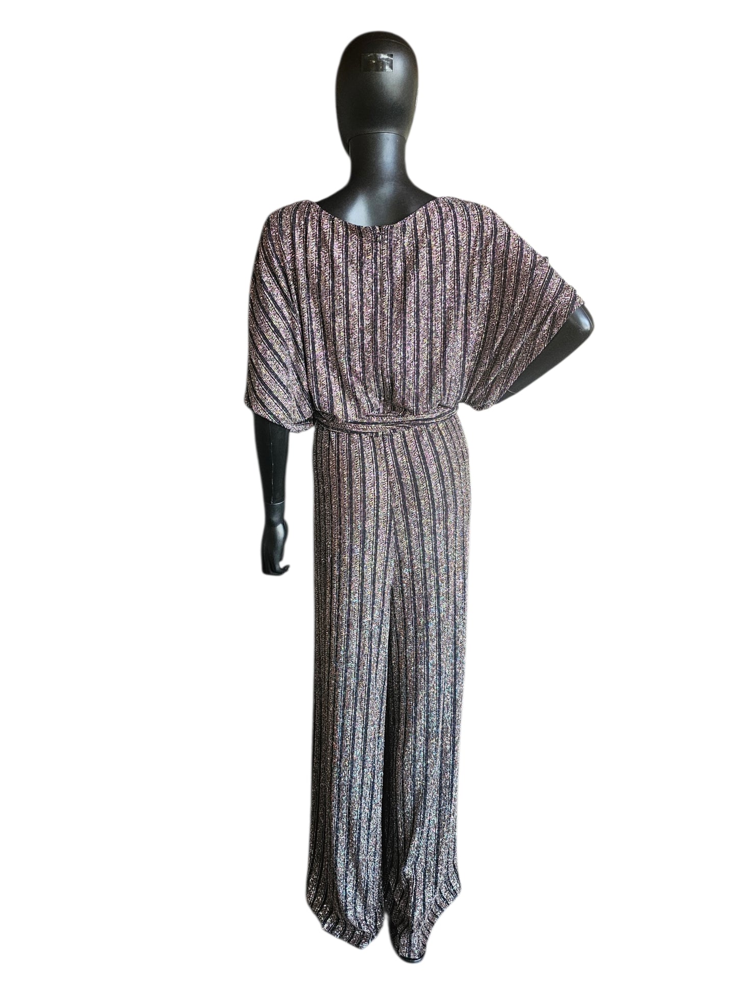Black/Rose Gold Striped Belted Wide Leg Romper Jumpsuit - Jessica Howard