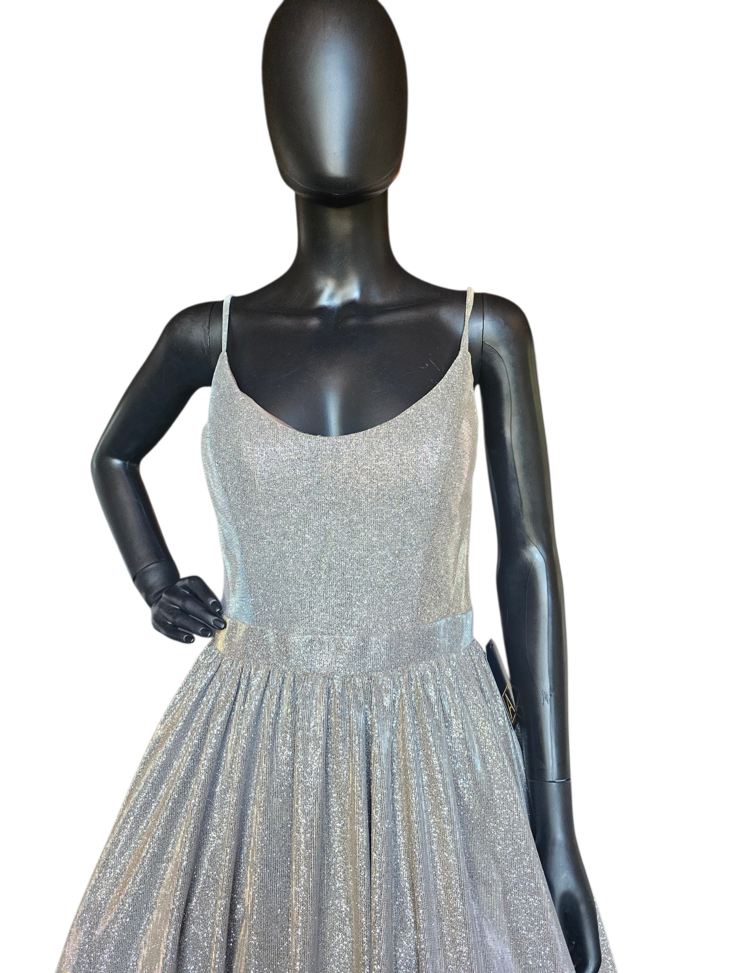 Silver Sparkle Open Back With Sew Up Detail Gathered A-Line Scoop Neck Formal/Prom Dress- Jovani